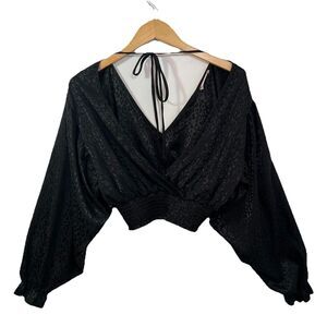 Altar'd State Blouse M Leopard V-Neck Smocked Crop Top Lantern Long Sleeve